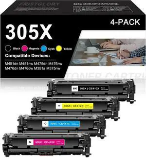 4 Pack 305X Toner Cartridges Replacement for HP 305A 305X CE410X CE411X CE413X CE412X Toner Compatible for Pro 400 Color MFP M451dn M451nw M475dn M476nw M476dn M476dw Series Printer(BKCMY)