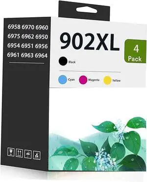 902XL Ink Cartridges Use for HP Printers OfficeJet Pro 6950, 6960 Series OfficeJet Pro 6960, 6970 Series T0A39AN 4-Pack (902XLBK 902CMY) (3)