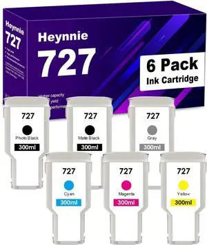 Remanufactured 727 727XL Ink Cartridge Replacement for HP727 C1Q12A F9J79A F9J76A F9J77A F9J78A F9J80A for Color DesignJet T920 T930 T1500 T1530 T2500 T2530 Printers (6-Pack)