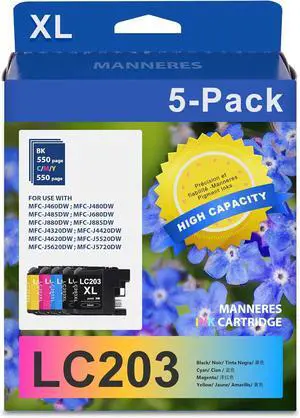 LC203 High Yield Ink Cartridges 5 Pack (2BK/1C/1M/1Y) Compatible LC203XL LC201XL Ink Cartridges Replacement for Brothers MFC-J480DW MFC-J485DW MFC-J680DW MFC-J880DW MFC-J885DW MFC-J4320DW