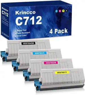 Compatible C712 Toner Cartridge Replacement Set for Okidata 46507604 46507603 46507602 46507601 Toner Cartridges for OKI C712 C712n C712dn Printers (4 Packs, Black Cyan Magenta Yellow)
