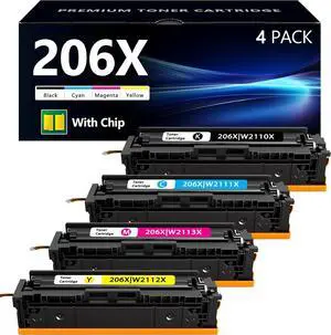 206X Toner Cartridges 4 Pack (with Chip) Replacement for HP 206X W2110X W2111X W2112X W2113X Toner Cartridges Set Works with Color Laserj Pro MFP M283fdw M283cdw M255dw Printer Ink