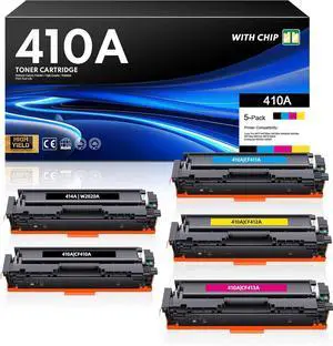 410A Toner Cartridges 5 Pack (with Chip) Replacement for HP 410A 410X Compatible with MFP M477fdw M477fdn M477fnw M452dn M452dw M452nw M377dw Printer Toner CF410A CF411A CF412A CF413A (B/C/Y/M)