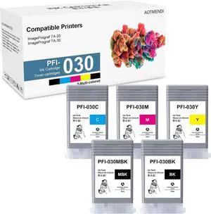 PFI-030 55ml Ink Tank Replacement for Canon PFI030 PFI030MBK PFI030BK PFI030C PFI030M PFI030Y for ImagePrograf TA-20 ImagePrograf TA-30 Printer, 5 Pack