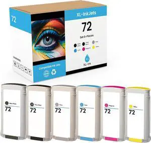 XL-Ink Compatible Inkjets for HP 72 6-Pack (Matte Black, Photo Black, Cyan, Magenta, Yellow, Grey, 6X 130ml, New Chip)