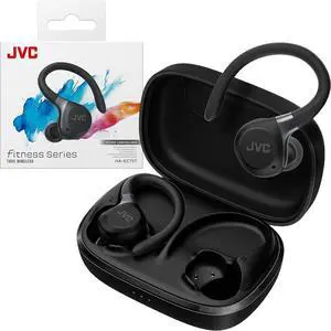 JVC Fitness Series True Wireless Sport Earbuds with Adjustable Hooks, Active Noise Cancelling, Ambient Sound Mode, IP57 Waterproof, 40hr Long Battery Life, App EQ, Low Latency, Mic HAEC75TB Black
