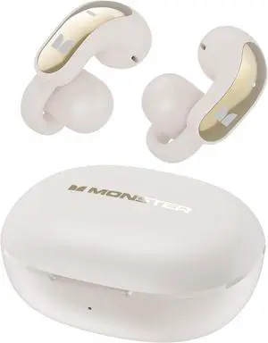 Monster Open Ear AC228 Wireless Headphones, Clip-On Earbuds, Adaptive Comfort, Immersive Audio, Bluetooth 6.0 Open Ear Earbuds with ENC Clear Call, 30H Playtime, IPX5 Water Resistant for Sport, White