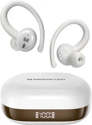 Monster N-Lite 216 Wireless Earbuds, Sports Ear Buds with Earhooks, ENC Noise Cancelling Mic,IPX6 Waterproof. Bluetooth 6.0 Headphones Stereo Bass Ear Buds 48H Playtime with LED Display White