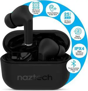 Naztech Xpods PRO Ear Buds - (Black) True Wireless Earbuds Noise Cancelling Earbuds Wireless Bluetooth Earphone for Gym Sound Cancelling in Ear Headphones Fitness Earphones Includes Charging Case