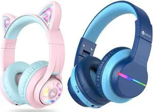 iClever BTH13 & BTH12 Kids Bluetooth Headphones Bundles, Colorful LED Lights Up, 74/85/94dB Volume Limited, Bluetooth 5.2, AUX Cable, Over Ear Kids Headphones Wireless for iPad/Tablet/Travel