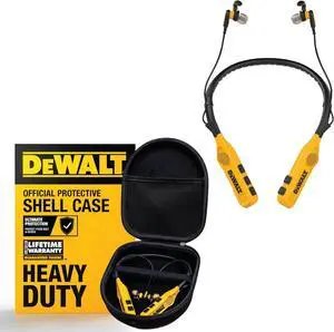 DEWALT 2-in-1 Neckband Bluetooth Headphones w/60+ Hrs Playtime & Speaker + Heavy Duty Shockproof EVA Hard Case, Wireless Jobsite Headset with Pouch, Mic, Water-Resistant, Travel Carry Kit