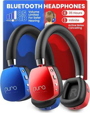 Puro Sound Labs PuroQuiet Plus Noise Cancelling Headphones for Kids - Bluetooth, On-Ear Design with Built-in Mic, Studio-Grade Audio, 35H Playtime, Lightweight & Comfy Kids Headphones, Blue & Red