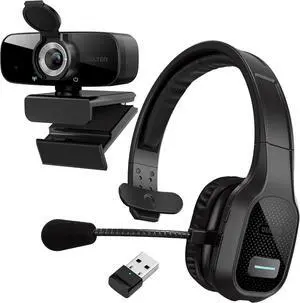 Delton Professional Wireless Headset with 1080p HD USB Webcam, Trucker Bluetooth Computer Headset with Noise Canceling Mic, Compatible with Cell Phone, Drivers, Office, Call Center Work - Black