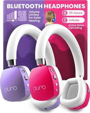 Puro Sound Labs PuroQuiet Plus Noise Cancelling Headphones for Kids - Bluetooth, On-Ear Design with Built-in Mic, Studio-Grade Audio, 35H Playtime, Lightweight & Comfy Kids Headphones, Purple & Pink
