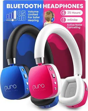 Puro Sound Labs PuroQuiet Plus Noise Cancelling Headphones for Kids - Bluetooth, On-Ear Design with Built-in Mic, Studio-Grade Audio, 35H Playtime, Lightweight & Comfy Kids Headphones, Blue & Pink