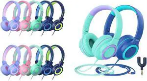 iClever HS14 & HS22 Kids Headphones for School Bundles, Tangle Free, 3.5mm Jack, HD Stereo, Folable Kids Headphones with Cord for Classroom/Student/Tablets/Laptop