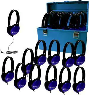 HamiltonBuhl HMC-24PRM Lab Pack of 24 Primo Stereo Headphones with 3.5mm Plug in Large Carry Case, 30mm Speaker Drivers, 32 Ohm Impedance, 105dB±4dB Sensitivity, 50-20000Hz Frequency Response