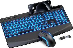 SABLUTE Wireless Keyboard and Mouse Combo, Rechargeable 4000mAh Light up Quiet Keyboard with Wrist Rest & Phone Holder, Ergonomic Silent Typing for PC/Mac/Laptop/Windows/Chrome OS