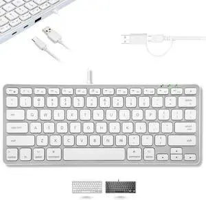 Macally Small Keyboard for Mac with USB Hub (3 Ports) - Wired 2 in 1 USB C + A Plug - Save Space with an Apple Compatible Keyboard (78-Key Layout) - Silver