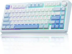 AULA F75 75% Wireless Mechanical Keyboard, Hot Swappable Creamy Keyboard, Pre-lubed Greywood Switches RGB Backlit Gaming Keyboards, 2.4GHz/Type-C/BT5.0(Salt White Blue)