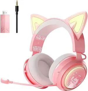 SOMIC Cat Ear Headphones, 2.4G/Bluetooth Wireless Gaming Headset for PS5, PS4, PC with RGB Lights and Retractable Mic, 10Hrs Playtime, 7.1 Surround Sound for Laptop, Smartphone-GS510 Pro - Pink