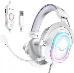 FIFINE USB Gaming Headset: Flowing RGB Lighting - 7.1 Surround Sound - Detachable Mic - Soft Ear Pads, Over-Ear Headset with Control Box, for PC, Laptop, Mac, PS5/PS4 - AmpliGame H13WP (White&Purple)