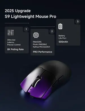 S9 Pro Wireless Gaming Mouse, 59G Ergonomic Computer Mouse, Triple Modes, 8K Polling, 26K DPI, PAW3395 Optical Sensor, Kailh Switch, 250h Battery Life, Programmable for PC/Win/Mac(Purple)