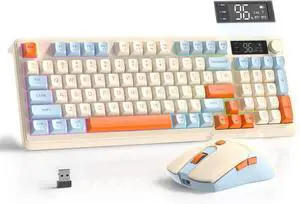 T96 Smart Display Wireless Gaming Keyboard and Mouse Comb, 94Key LED Lighting Rechargeable Silent Membrane Keyboard with Knobs, 2000mAh Battery, 6-Button 4KDPI Mouse for Win/Mac(Blueberry)