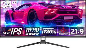 Gawfolk Gaming Monitor 34 inch IPS 120Hz, Ultrawide PC Screen 2560×1080P Ultra-Thin Zero Frame Computer Display for Home Office Business, DP, HDMI, Wall-Mounted, Black