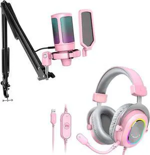 FIFINE Gaming USB Microphone Kit and PC Gaming Headset,PC Streaming Recording Computer RGB Mic Set,USB Wired Headset with Microphone,7.1 Surround Sound, for PS4/PS5,Game Voice/Video(A6TP+H6P)