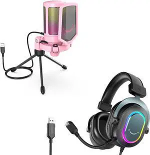FIFINE AmpliGame Streaming PC Microphone, USB Gaming RGB Headset, Computer Condenser Desktop Mic with Mute, Mic Gain, Wired Headsets with Mic, 7.1 Surround Sound, for Gamer, Youtuber-Pink (A6P+H6)