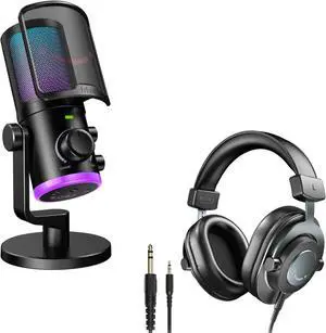 FIFINE Gaming USB Microphone with Studio Monitor Headphones Set, USB Streaming Mic with RGB, Noise Cancellation for PS4/PS5, Podcast Streaming Headset Kit with 3.5mm or 6.35mm Jack on PC/Mixer(AM6+H8)