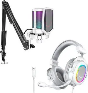 FIFINE Streaming RGB USB Microphone Gaming Headset Bundle, PC Condenser Mic Wired Headset on PS4/PS5, Gamer Kit Plug and Play for Recording, Online Game, Discord, Twitch (A6TW+H6W)