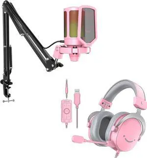FIFINE Gaming USB Microphone Kit and PC Over-Ear Wired Headset,Streaming Recording Computer RGB Mic Set for Podcasting,YouTube,7.1 Surround Sound Headset,Control Box,for PS4/PS5/Xbox/Switch(A6TP+H9P)