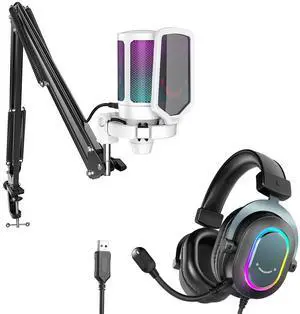 FIFINE Streaming Gaming RGB USB Microphone Headset Bundle, PC Condenser Mic Wired Headset on PS4/PS5, Gamer Kit Plug and Play for Music Recording, Online Game, Discord, Twitch-White (A6TW+H6)