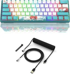 WK61 Hot-Swappable Keyboard Blue Sea Theme with PBT Keycaps for Windows PC Gamers + Detachable Aviator Coiled Keyboard Cable Type C to USB A Mix 5.9in