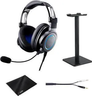 Audio-Technica ATH-G1 Closed Back Premium Wired Gaming Headset with Detachable Boom Mic, Waith Aluminum Headset Stand (Black) and Waith Microfibre Cleaning Cloth with Bag (Essential Bundle Set)