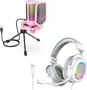 Streaming Microphone and White Gaming Headset, AmpliGame Computer Condenser Desktop Mic with Quick Mute, Mic Gain, RGB PC Wired Headphones with Mic, 7.1 Surround Sound, for Gamer, YouTuber (A6P+H6W)
