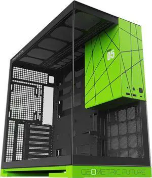 Geometric Future M5 Tempered Glass Mid Tower, E-ATX/ATX Gaming Case, 1.2mm Steel, Type C, Toolless Panels, Support 420/360 Radiator, Dual-Chamber, Black/Green, GEO-M5-BNY