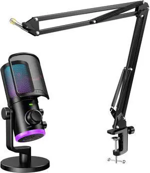 FIFINE Gaming Computer Microphone with Boom Arm Set, Streaming USB Desktop Mic with RGB,Mute Button Kit, Metal Microphone Stand with Heavy Duty Clamp,3/8" to 5/8" Adapter for Recording,Studio-AM6+CS1