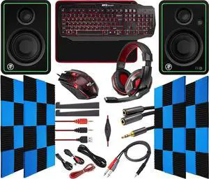 Ritz Gear Red Gaming Kit I 4-in-1 LED Combo with Multimedia Keyboard, Optical Mouse, Mouse Pad & Headset with Adapter with CR5-X Bluetooth Monitors and 24 Pack Acoustic Soundproof Wedge Panels