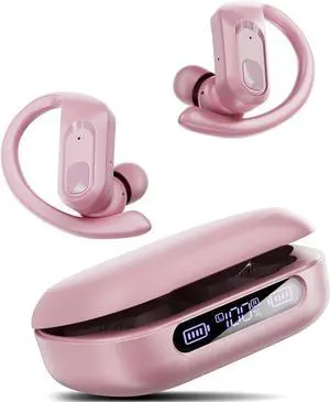 occiam ANC Noise Cancelling Ear Buds Wireless Earbuds Bluetooth Headphones 96Hrs Playback LED Display Over-Ear Waterproof Earphones with Earhooks Mics Clear Call for Sport Running Workout Pink