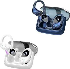 2 Sets Wireless Earbuds Sport, Bluetooth 5.4 Over Ear Buds Stereo Deep Bass Over Ear Bud with Earhooks, 75H Wireless Earphones with Mic, IPX7 Waterproof Earphone for Sports Blue+White