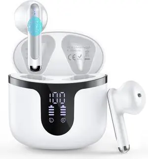 Wireless Earbuds Bluetooth Headphones 5.3 Stereo 50 Hour Playback Ear Buds with LED Display and with 4 ENC Noise Cancelling Mic Wireless Earphones, for Phone, Tablet, Laptop, Sports, White