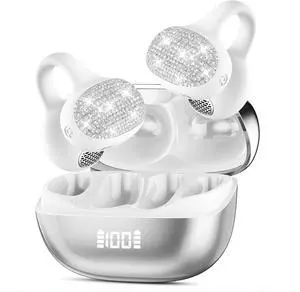 Jewelry-Inspired Clip-On Earbuds,Lightweight Open Ear Earbuds Bluetooth 5.4 Wireless Earbud with Crystal Diamond Design,IPX5 Waterproof Noise Cancelling Sport Ear Buds,Fashion Gift for Women (White)