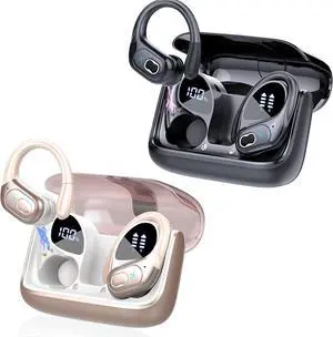 2 Sets Wireless Earbuds Sport, Bluetooth 5.4 Over Ear Buds Stereo Deep Bass Over Ear Bud with Earhooks, 75H Wireless Earphones with Mic, IPX7 Waterproof Earphone for Sports Black+Rose Gold