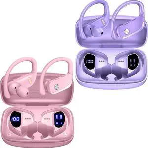 bmani 2 Sets Wireless Earbuds Bluetooth Headphones 48hrs Play Back Sport Earphones with LED Display Over-Ear Buds with Earhooks Built-in Mic Headset for Workout Pink+Purple
