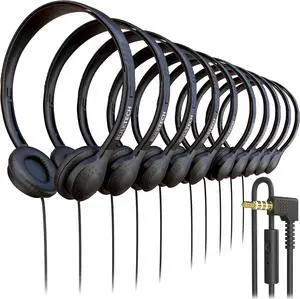 100 Pack Bulk Wired On-Ear Leather Headphones with Microphone and 3.5mm Connector, Black