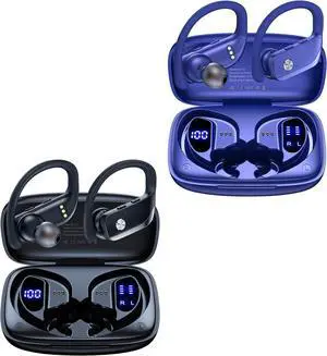 bmani 2 Sets Wireless Earbuds Bluetooth Headphones 48hrs Play Back Sport Earphones with LED Display Over-Ear Buds with Earhooks Built-in Mic Headset for Workout Black + Blue