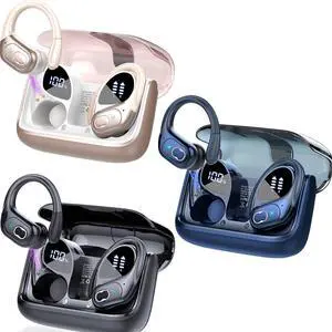 3 Sets Wireless Earbuds Sport, Bluetooth 5.4 Over Ear Buds Stereo Deep Bass Over Ear Bud with Earhooks, 75H Wireless Earphones with Mic, IPX7 Waterproof Earphone for Sports Black+Rose Gold+Blue